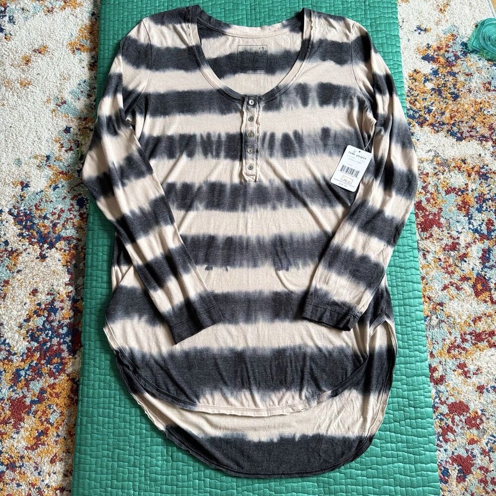 NEW FP We The Free Beige Gray Tie Dye Stripe Henley Shirt L Oversized Boho NWT